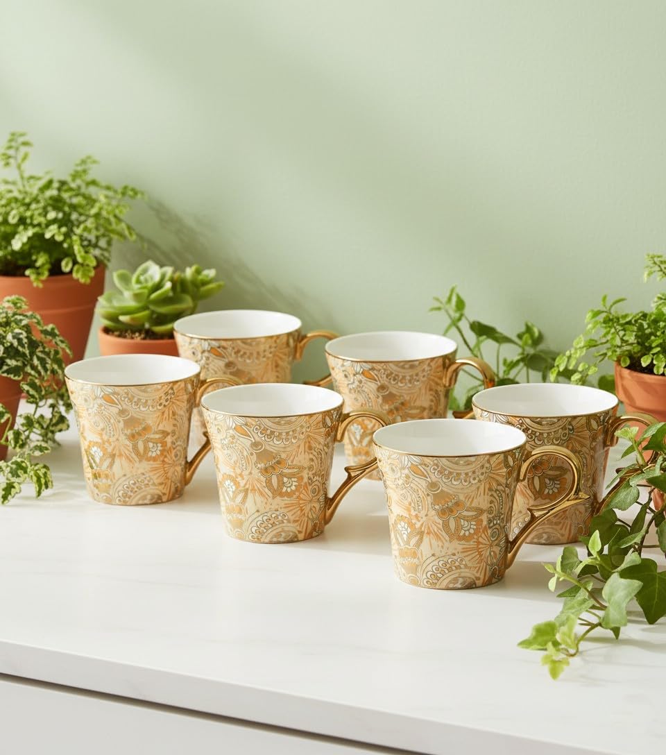 Femora Bridal Mahendi Gold Print Ceramic Tea and Coffee Mugs, (180 ml, Golden) - 6 Pcs Set (NOT Microwave Safe)