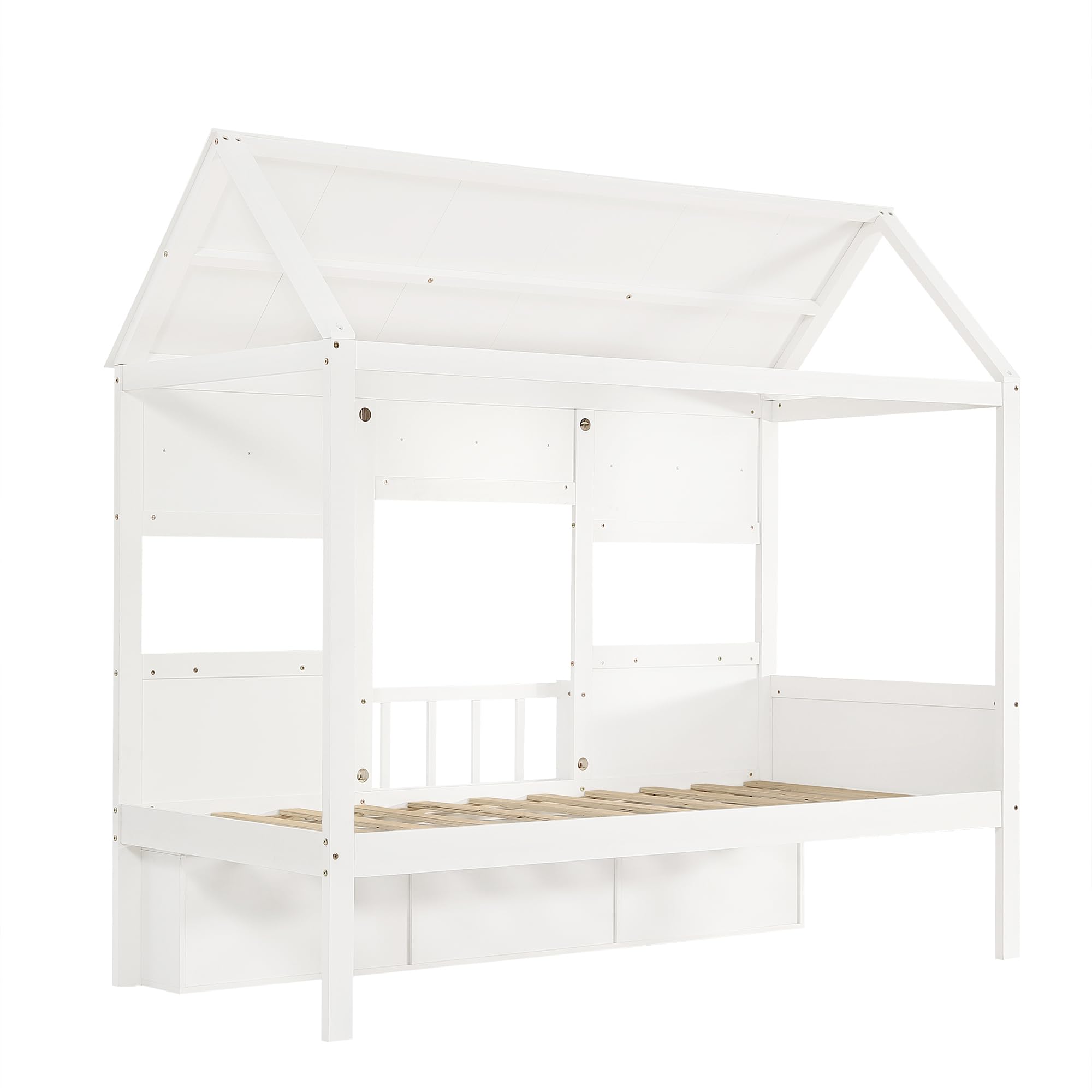 Letto Casetta per Bambini 90x200cm con Libreria e Finestre, Strutture letto in Legno di Pino, Rete a doghe(Nessun materasso