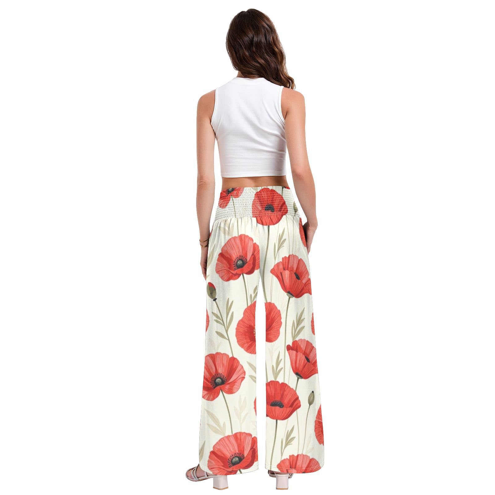 Pantalones largos casuales con patrón de tulipanes rojos para mujer, resistentes a las arrugas, viajes casuales