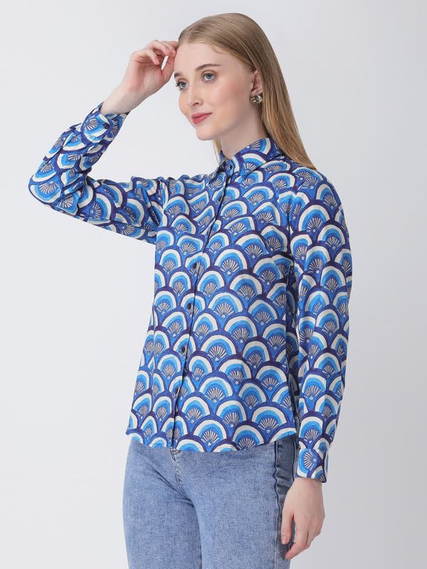 Image of For U Women Blue Cotton Printed Shirt