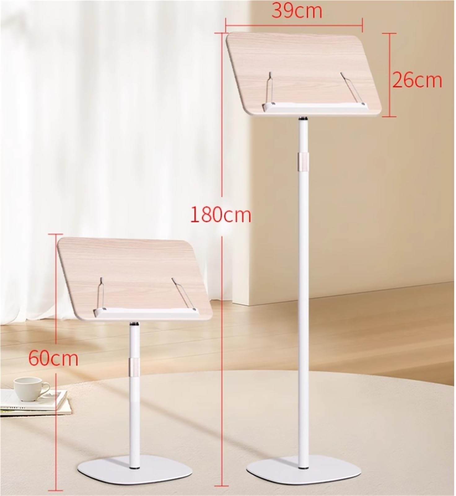 Zusammenklappbarer tragbarer Notenständer, Verstellbarer Notenständer aus Metall und Holz for Bandorchester, weiß, 60–140 cm