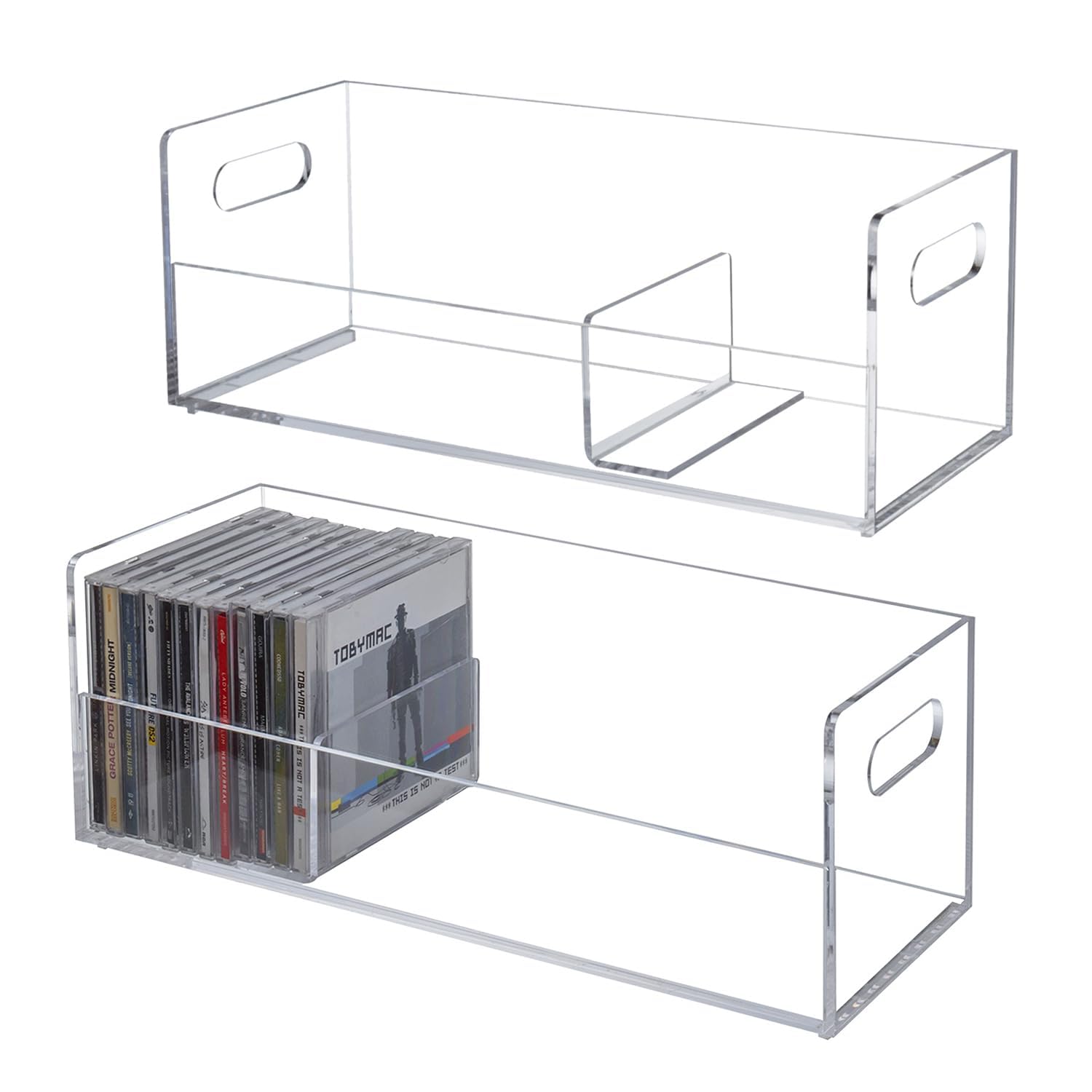 Modern Premium Clear Acrylic Stackable CD Holder Racks with Cutout Carrying Handles, Compact Disc Jewel Case Display Crates, Media Storage Organizers, Set of 2