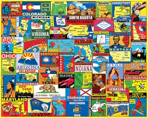 Rompecabezas de 1000 piezas White Mountain, Pegatinas de Estados Unidos | Piezas grandes, regalo para adultos y familia, 24" x 30", collage vintage de estados miniatura 2