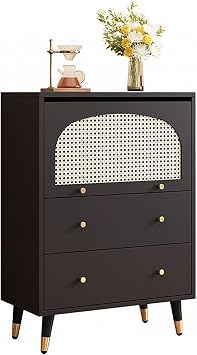 Sideboard Buffet Coffee Bar Cabinet, Rattan Buffet Cabinet with Storage, Farmhouse Console Table with Drawer, Wood Cupboard for Kitchen, Living Room, Entryway, BlackW-80CM/31.49IN