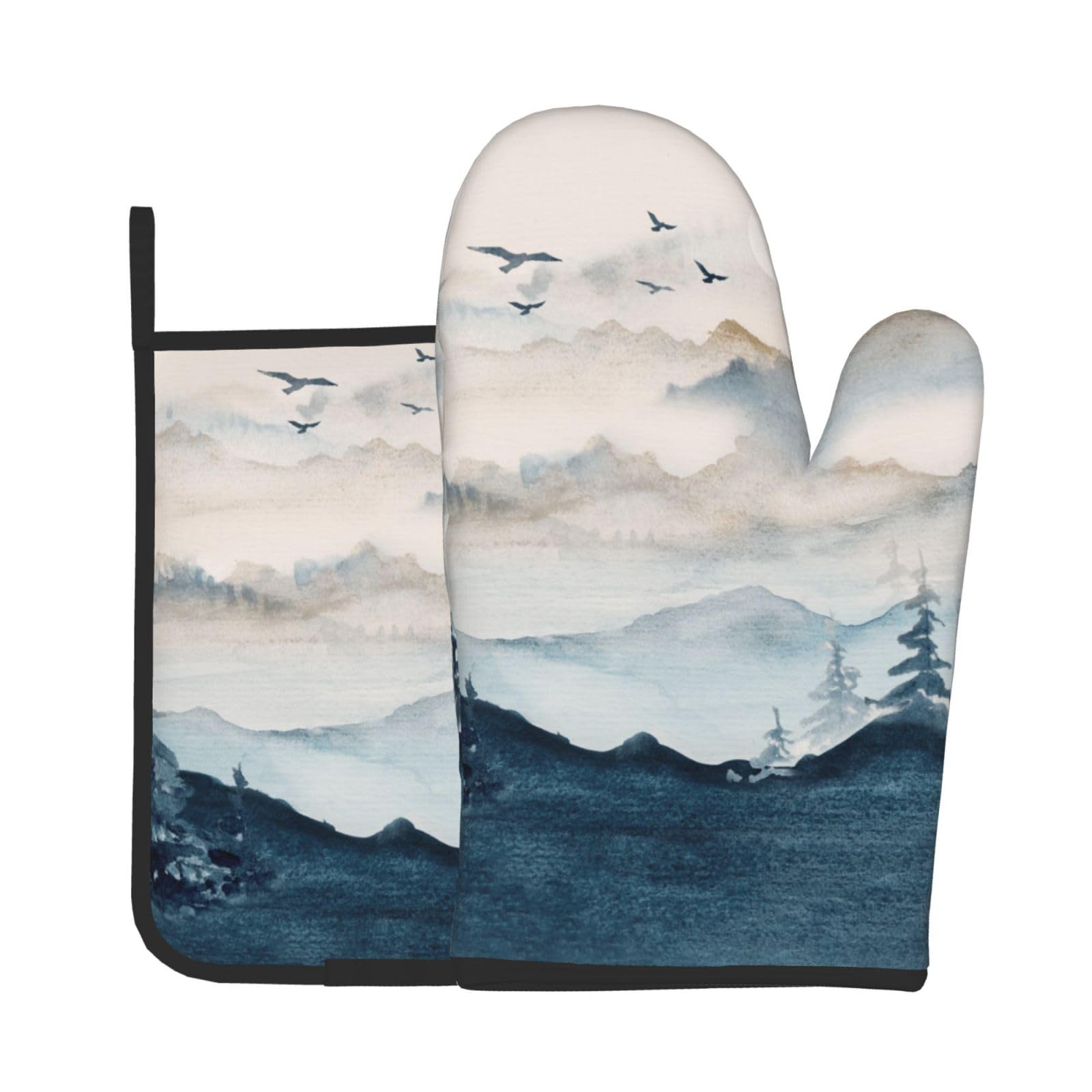 Blue Mountain Oven Mitts and Pot Holders Sets - Misty Forest Kitchen Mitts Potholders 2 Pack Heat Resistant Vintage Landscape Oven Gloves Hot Pads for Kitchen Baking Grilling Party