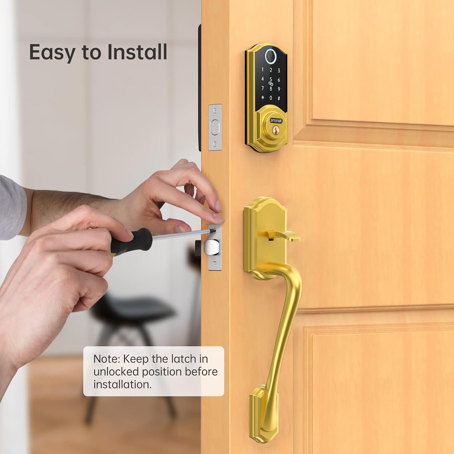 SMONET Cerradura inteligente para puerta delantera con asa, juego de cerradura de puerta de entrada sin llave, cerrojo inteligente de huellas dactilares con aplicación Bluetooth, teclado electrónico