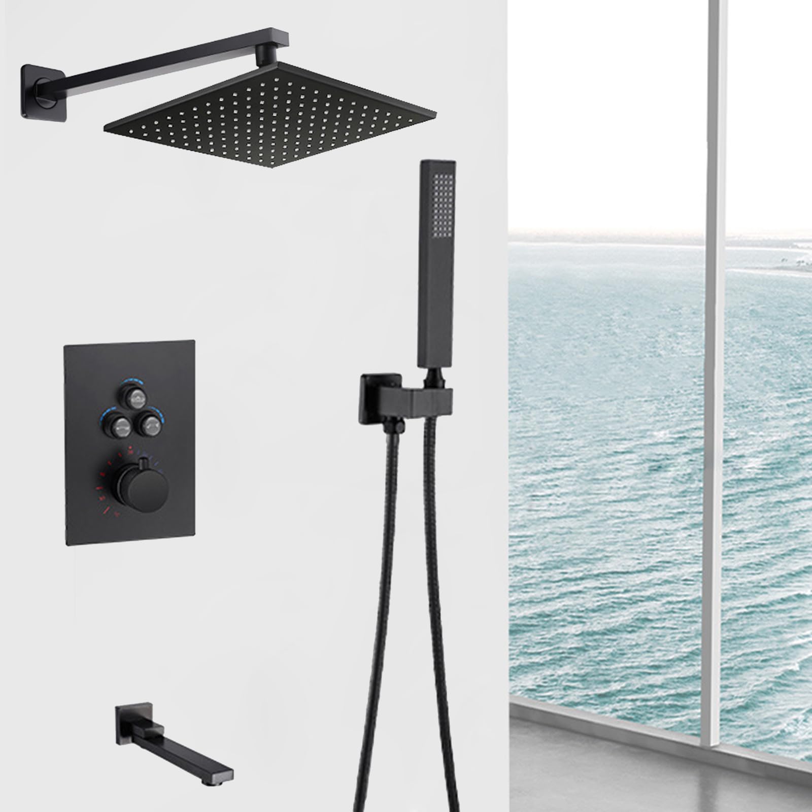 Kit soffione doccia a pioggia nero da 25,4 cm, miscelatore per doccia a scomparsa, in ottone, set doccia a soffitto con tubo flessibile incluso aggiornamento del bagno.
