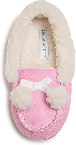 Laura Ashley Fleece Girls Moccasin Slippers, Indoor Outdoor Easy to Wear Home Shoes for Kids