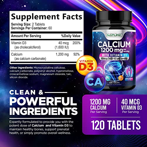 Built By Nature Calcium Supplement 1200Mg With Vitamin D3 - Calcium Carbonate Tablets, Best Mineral For Women, Men, Pregnant & Prenatal – Easy To Swallow Size, 120 Tablets #TOP1