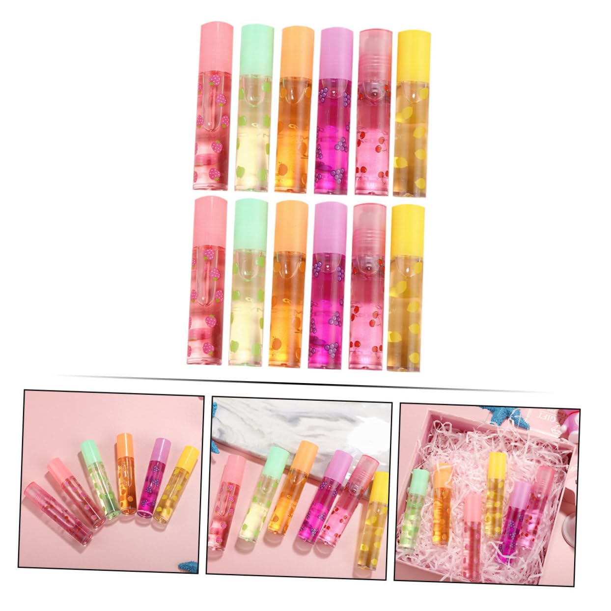 Brillo Labial Hidratante Transparente de Frutas 12 Piezas | Plástico Líquido, Diseño Delicado y Adorable, Obsequio de Invierno para Amigas y Familia