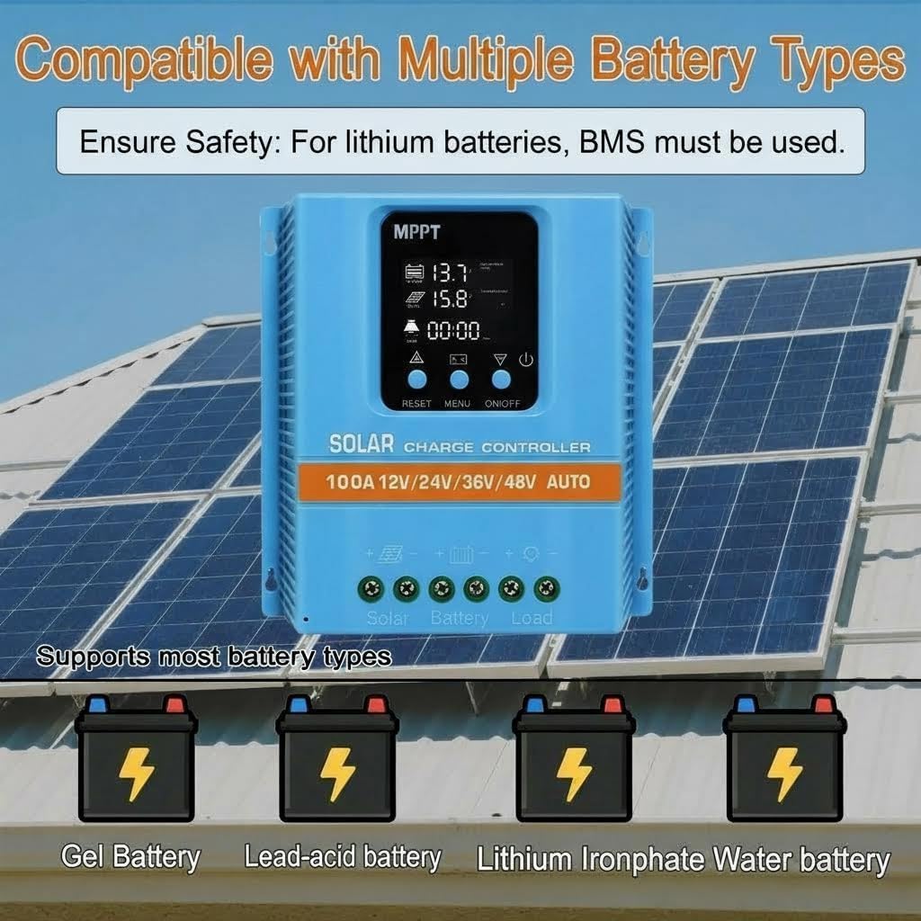 Regulador Solar 100A MPPT/PWM Híbrido | Detección Automática 12V/24V/36V/48V | Pantalla LCD & Dual USB | Para Baterías de Litio (LiFePO4) y Plomo | Ideal para Autocaravana, Casa y Huerto