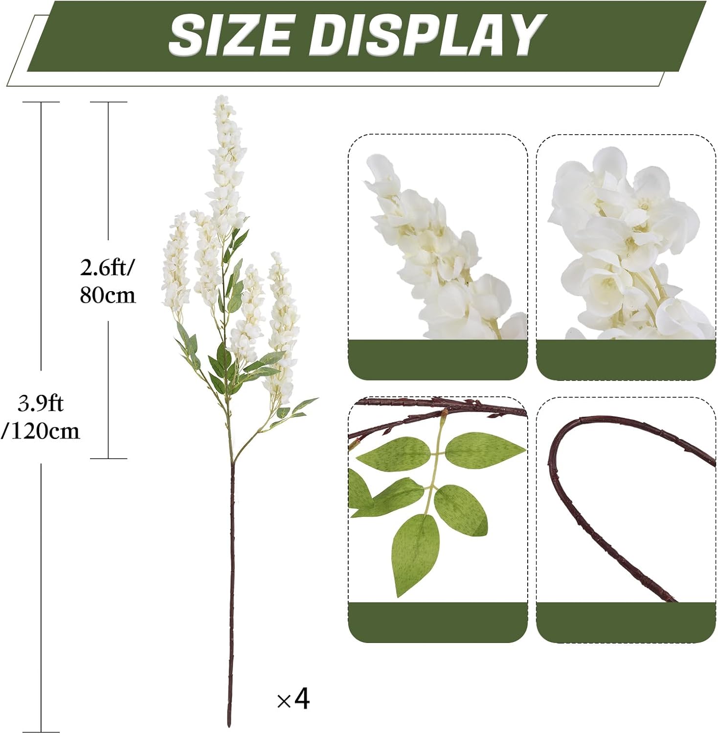 IPOPU 3.9FT Wisteria Artificial Flowers, 4PCS Wisteria Hanging Flowers, Silk White Flower with Long Stem for Tall Vase Filling Wedding Wall Backdrop Centerpieces Home Decoration (White) - Image 2