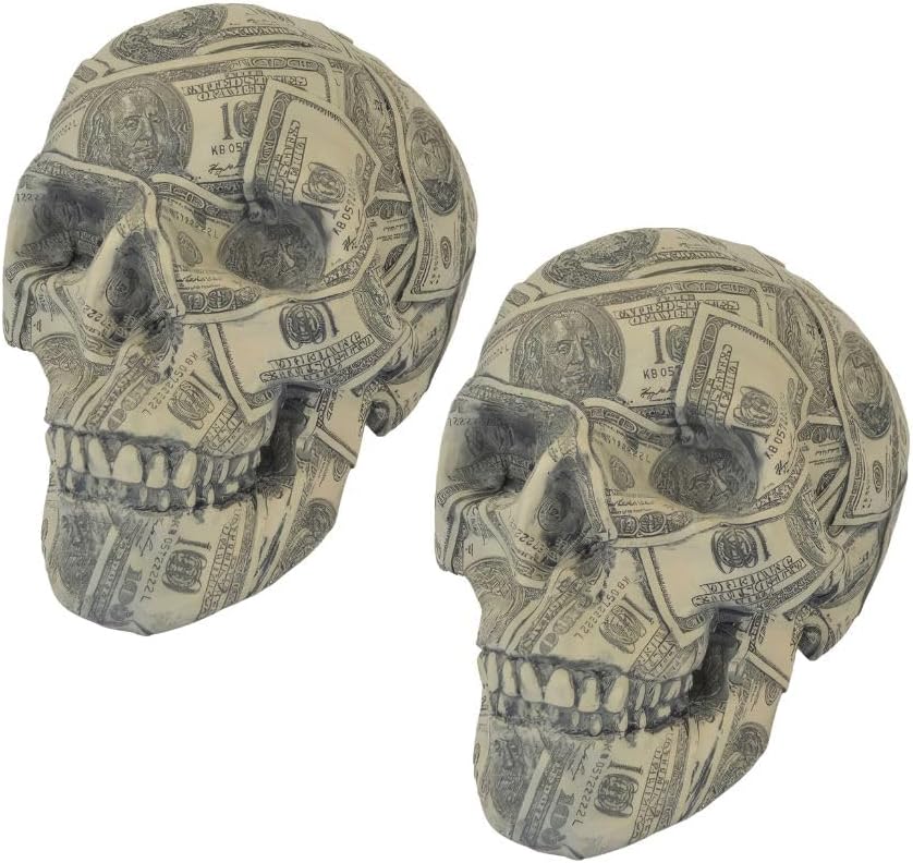 ICE ARMOR 2-PC Gift Set 5.75" W Skull Covered with Dollar Bill Figurine Statue Ornament Home Room Office Decor Ideas for Housewarming, Holidays and Birthdays