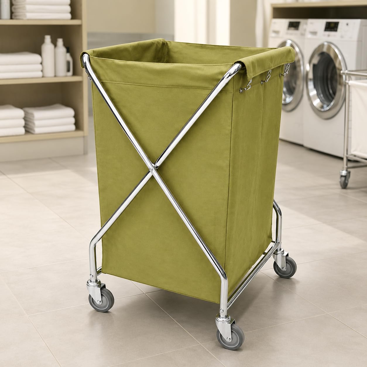 Carro de Ropa Plegable Profesional 200L – Estructura de Hierro Cromado con Bolsa Lavable – Carro Lavandería con Ruedas – Uso en Hoteles, Hospitales y Colectividades – Verde