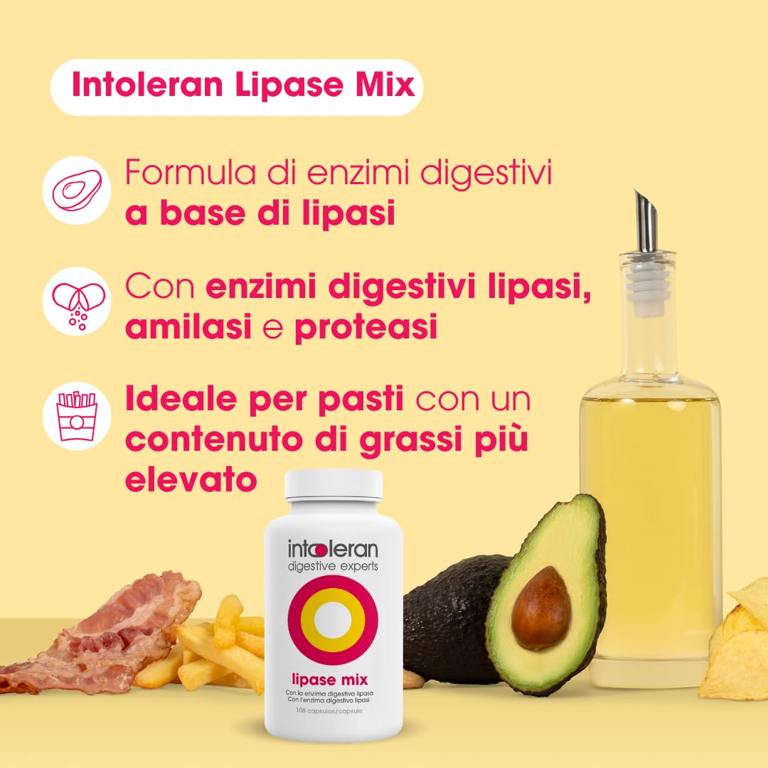 Intoleran Lipase Mix Enzimas Digestivas - 108 cápsulas | Favorece la digestión de las grasas, puro, vegano y sin gluten