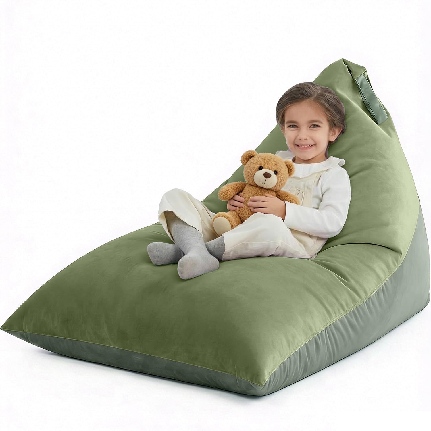 4ft Bean Bag Chair for Kids, 400L Extra Large Stuffed Animal Storage Bean Bag, Premium Velvet Washable Beanbag Chair Cover (No Filler) Ultra Soft Triangular Lazy Sofa (Green)