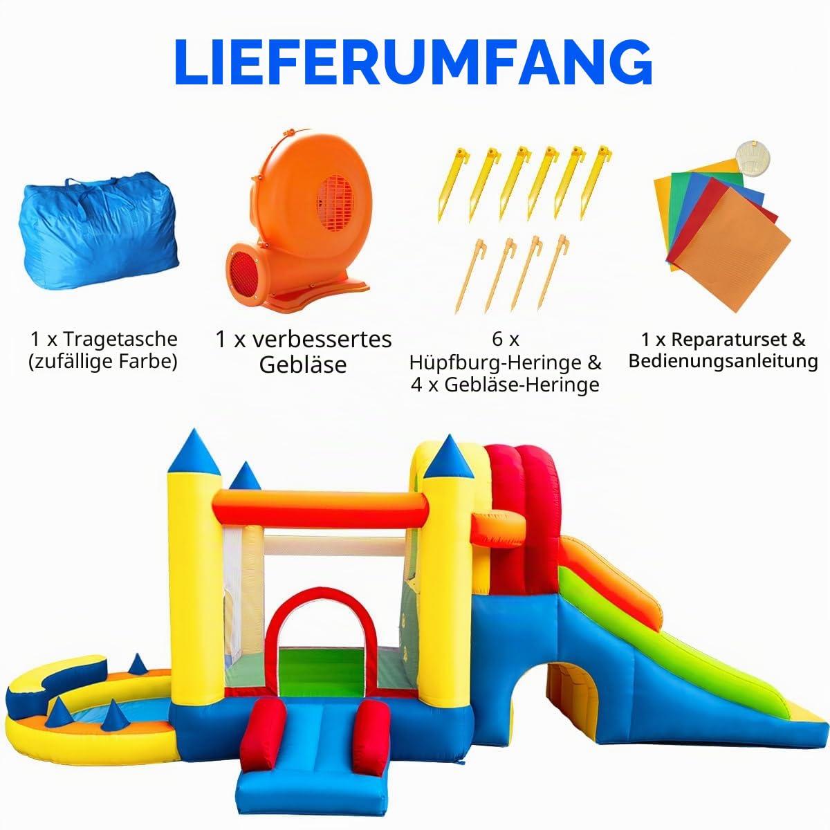 Baralir Kinder Hüpfburg mit Blower, 8-in-1 Multifunktion, Sicherheitsnetz, für Indoor & Outdoor, Bunt & Stabil