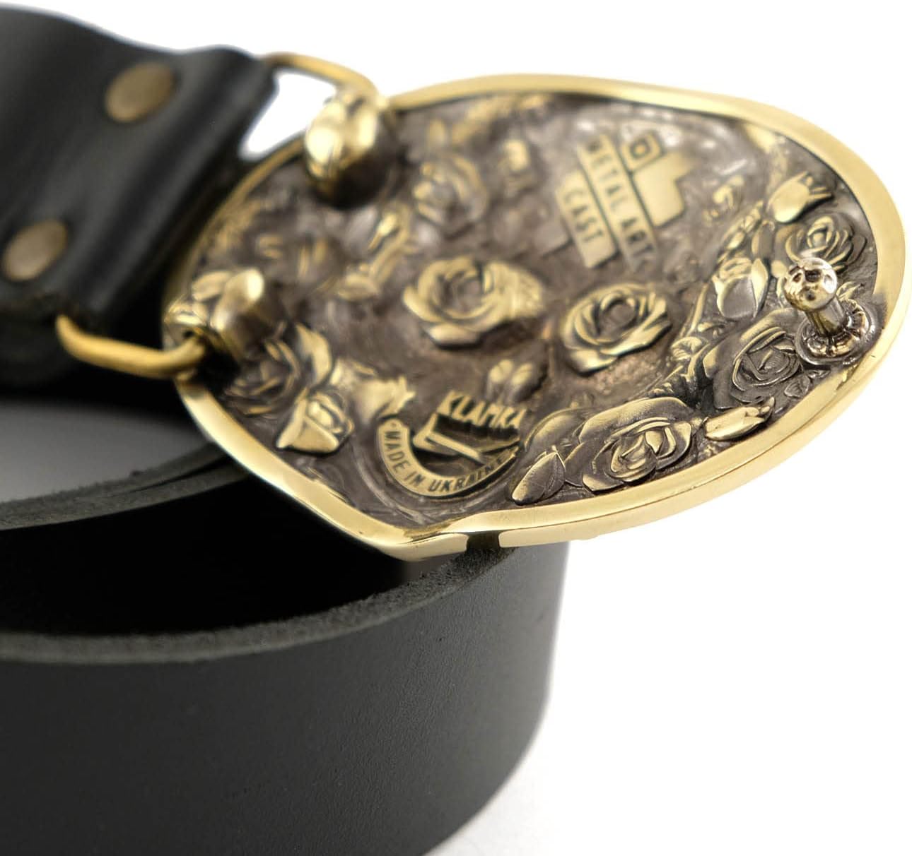 Leather belt with Skull El Día de Muertos belt buckle, The Day of the Dead, Santa Muerte skull solid brass belt buckle on casual leather belt 1.5 or 1.8 inches