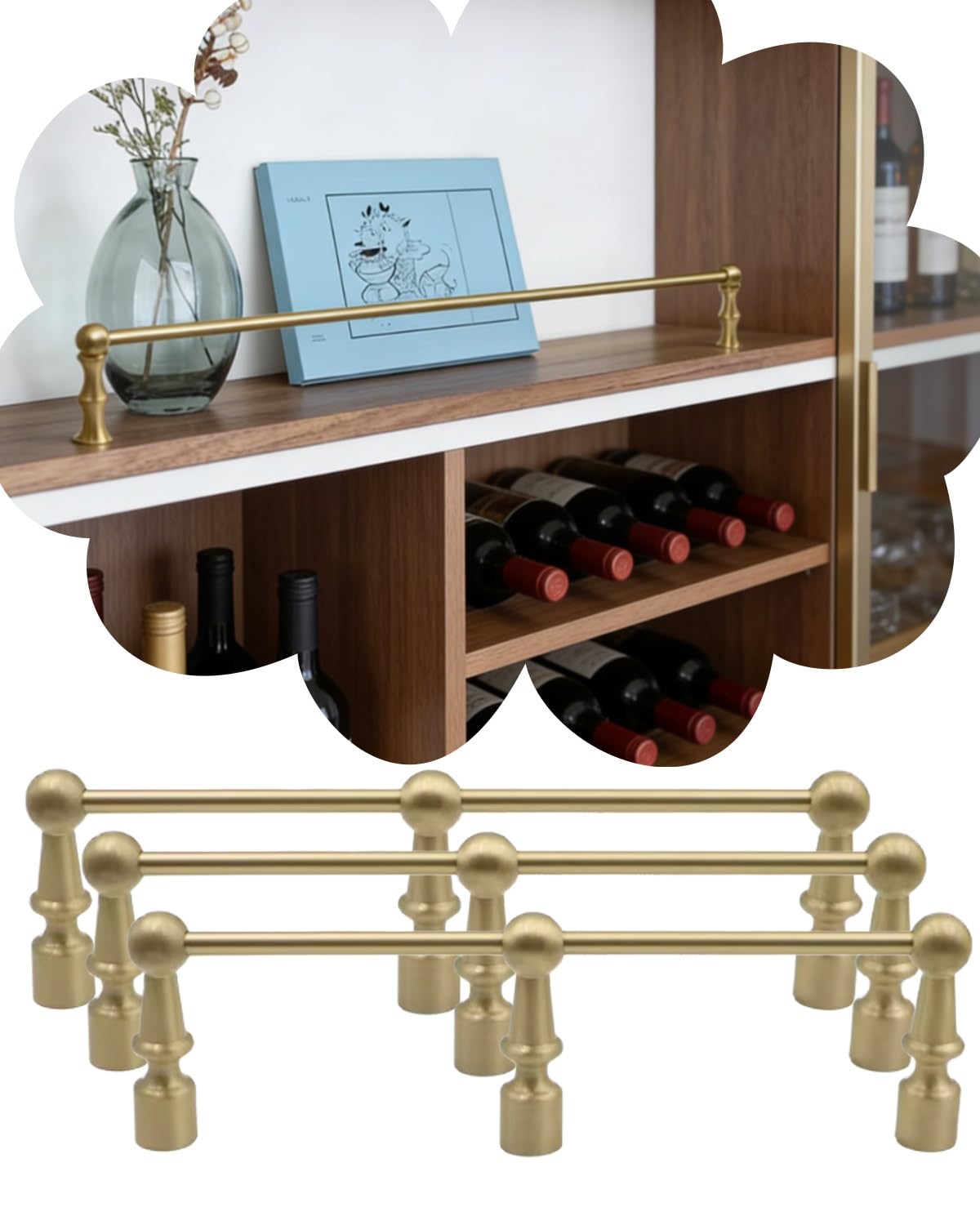 MESCXTY Unlacquered Brass Gallery Rails for Bookcase Shelves, Multi Pack Shelf Railing Brackets with Posts, Tipping Spindles Holders(3 Pack,52in/132cm)