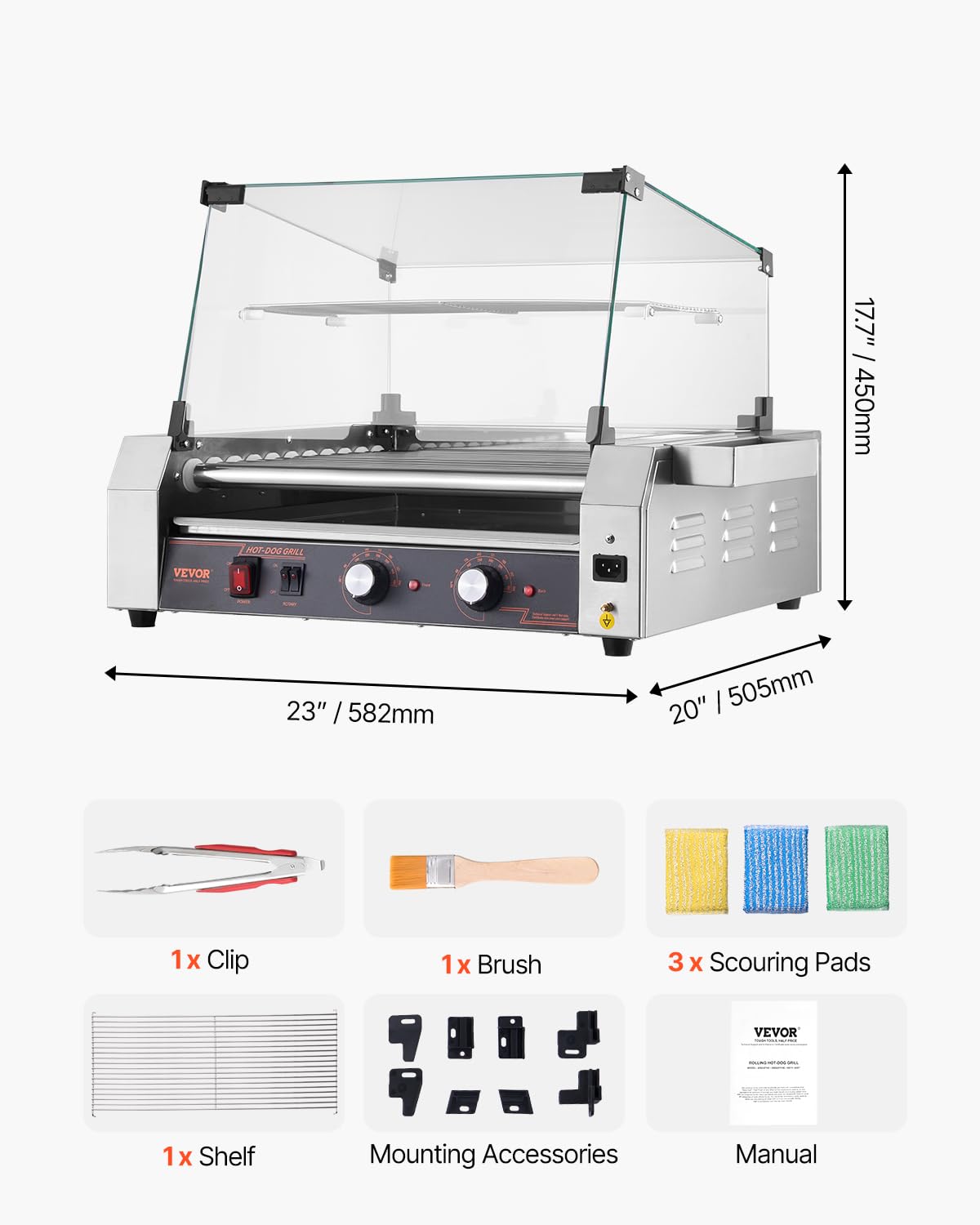 VEVOR Rullo per Hot Dog, 30 Hot Dog 11 Rulli, Cuocitore per Salsicce in Acciaio Inox 2200 W con Doppio Controllo della Temperatura, Contenitore Laterale, Ripiano Rimovibile e Vassoio Raccogli-Olio