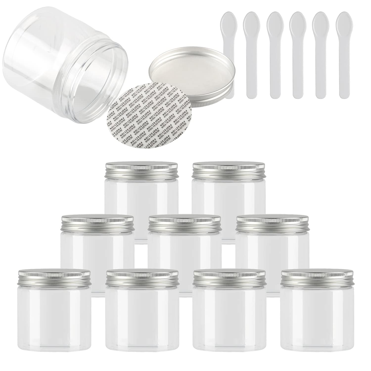 12 Pièces Vides Petit 200 ml Transparent Cosmétique Pot en Plastique avec Couvercle Argent 200 g Pots de Cosmétique Crème de Bouteille Contenant avec 6x Spatules