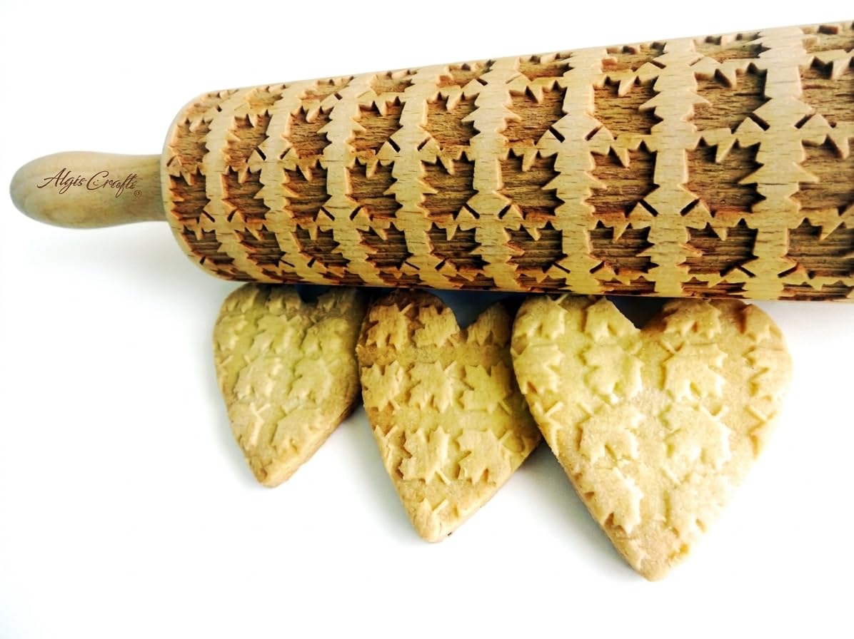 Algis Crafts - Embossed Rolling Pin for Baking Accessories with Laser Engraved Design Maple Leave - Beautifully Handmade Pattern Rolling Pin - Decorative Rolling Pins to Make Unique Bakes