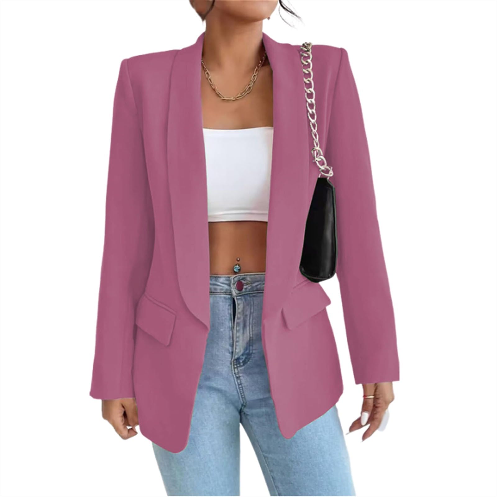 Gerrit Women's Suit Sporty Elegant with Pockets Lapels Suit Jacket Open Front Cardigan Plain Slim Business Long Sleeve Office Jacket Chic Blazer for Wedding (Color : Purple, Size : 3XL)