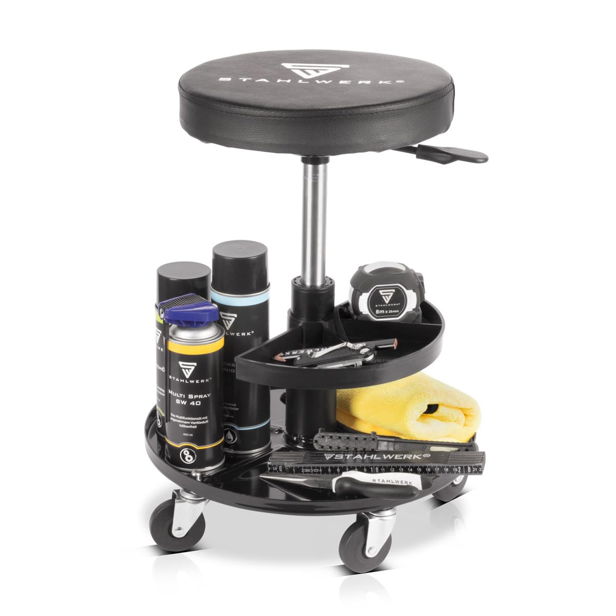 STAHLWERK WRH-295 ST Tabouret d'atelier pivotant avec roulettes pivotantes et compartiments de rangement réglables en hauteur Capacité de charge de 130 kg
