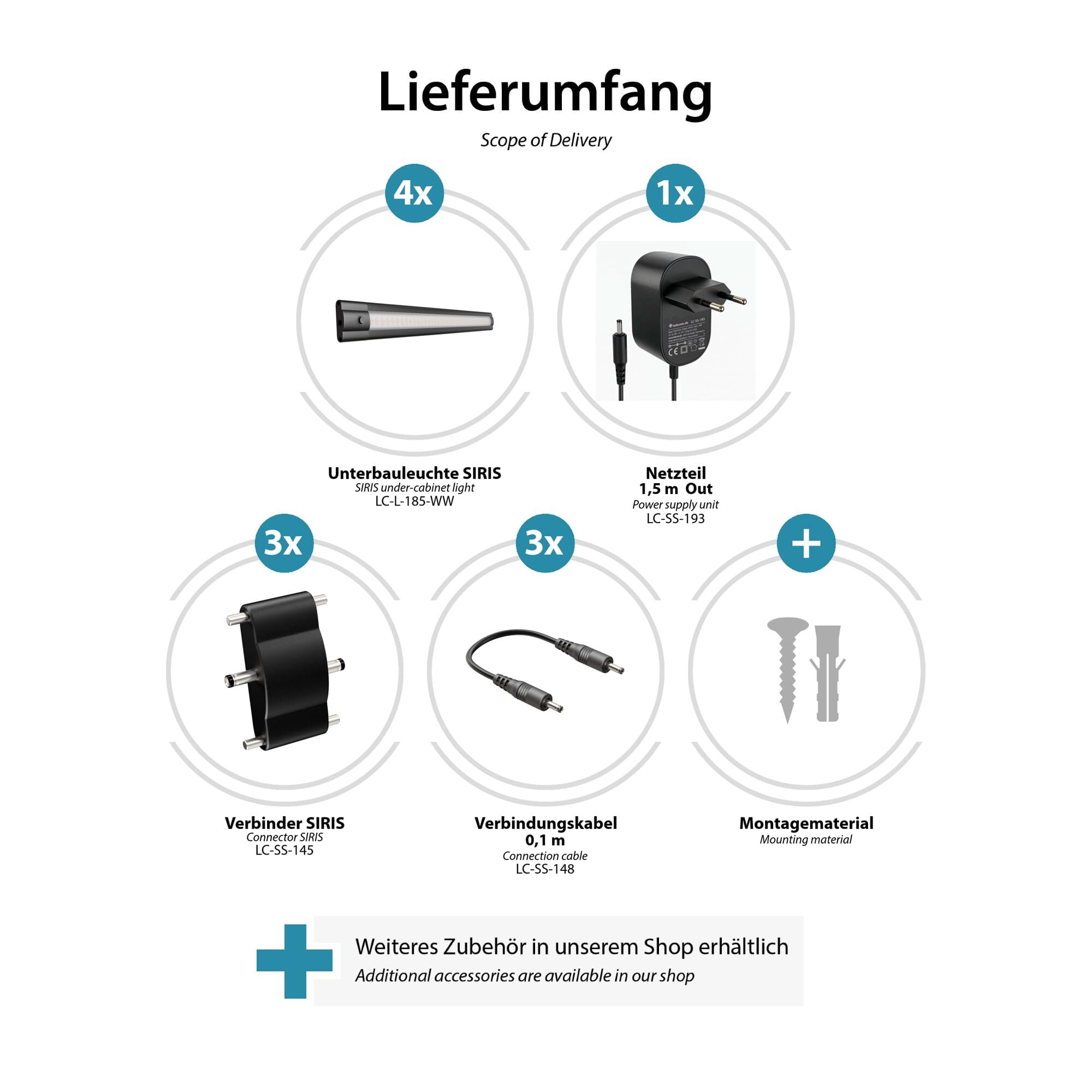 ledscom.de Luce sotto il mobile a LED SIRIS nero opaco, piatto, 30cm, 368lm ciascuno, bianco caldo, set di 4