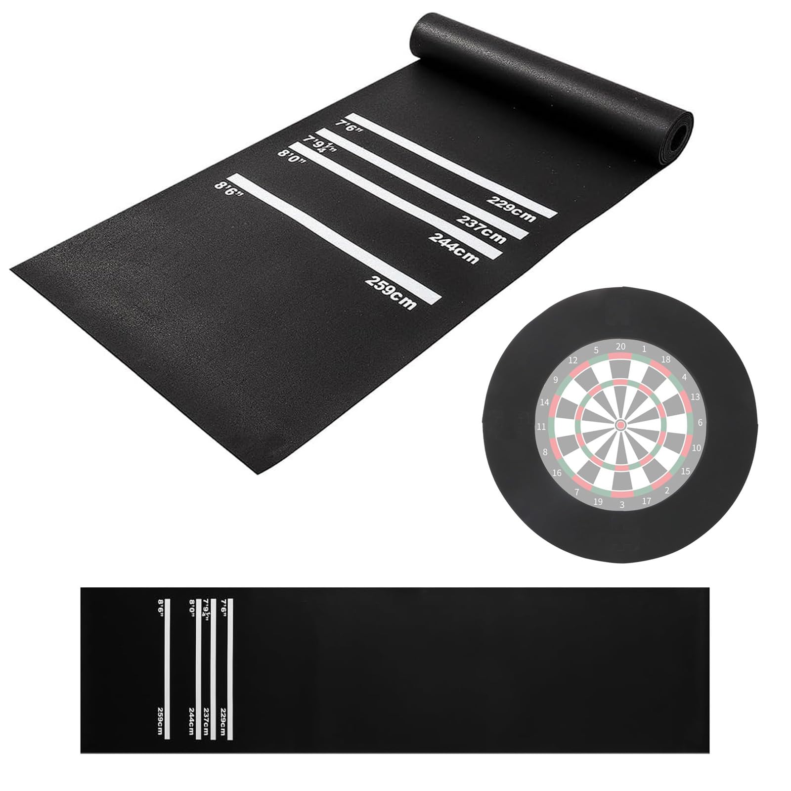 M.J COMFY-LIFE Darts Mat with 4 Throwing Distances Dart Board Mat 300cm x 62cm Non-Slip Rubber Carpet for Floor Black Dart Oche Mat