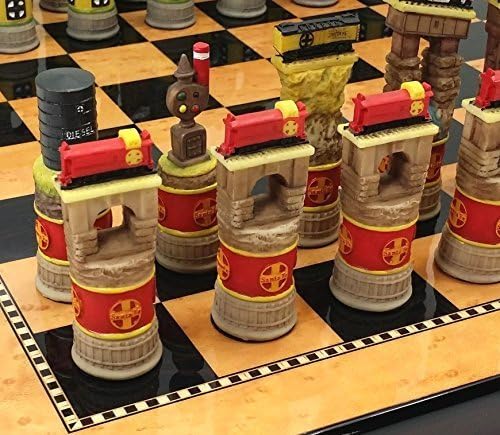 Santa Fe Trains Steam vs Diesel Train Engine Chess Set W/ 15" High Gloss Dark Walnut & Birdseye Maple Color Board