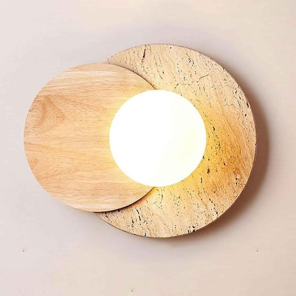 LUOYAOB Japanese Round Travertine Wall Sconce Beige Travertine Indoor Wall Light with White Glass Shade Round Natural Stone Lighting Fixture for Bedroom & Living Room(Beige)