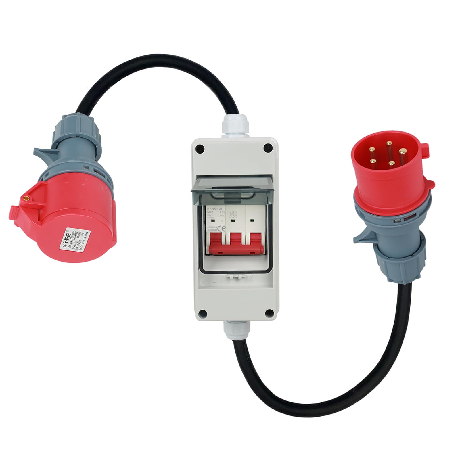 Adattatore CEE da 63 A a 32 A, 400 V, 63 A a 32 A, con fusibile da 32 A, accoppiamento ad alta corrente, 5 G4/5 G6 5 P, spina e presa con interruttore di protezione della linea