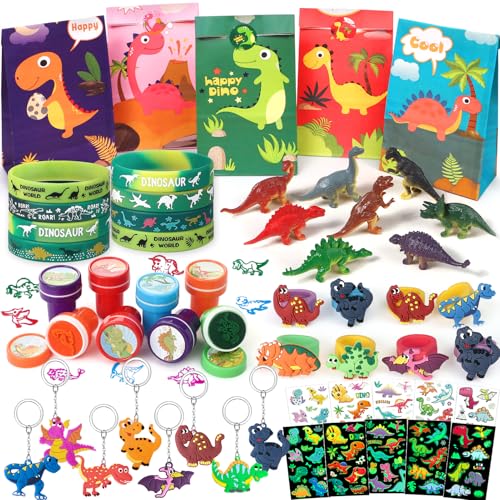 Dinosaure Pinata Anniversaire Garçon Dinosaure Sachets Cadeaux Mini Figurines de Dinosaures Porte Clé Tatouage Bague Bracelet en Silicone pour Dinosaures...