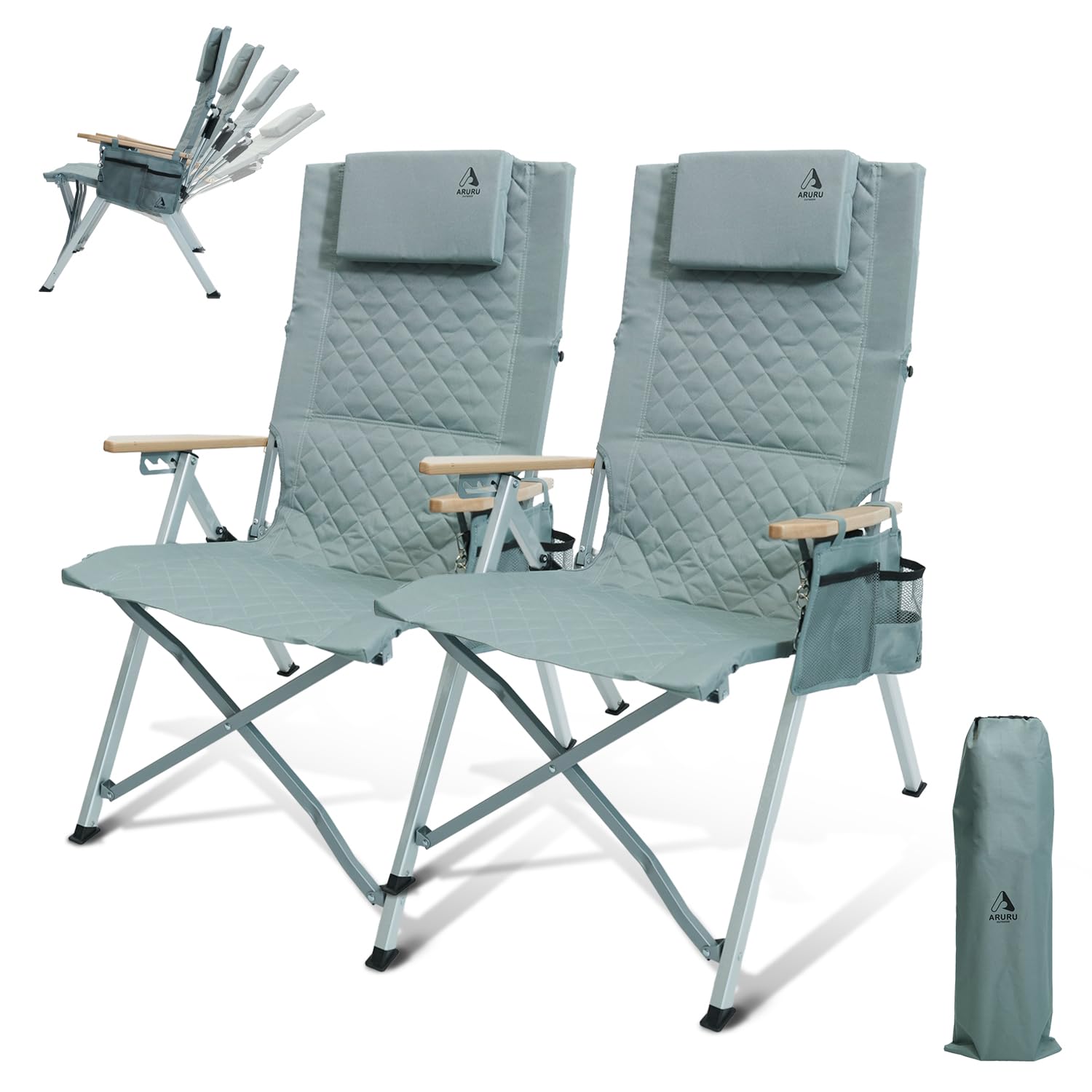 ARURU Reclining Camping Chair 2 Pack, Folding Lawn Chairs with 4-Stage Adjustable High Back for Adults Heavy Duty, Compact Foldable Outdoor Patio Recliner Chair with Side Bag (Cyan)