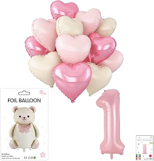 17 stuks verjaardagsballonnen beer, ballon 1e verjaardag, feestfolieballon wit roze voor berenthemafeest, fotoaccessoires, fotoaccessoires, decoratiegeschenken (set beer ballon meisje)