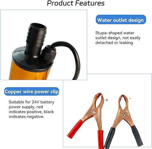 Miniatura 5 de Bomba sumergible de 24 V CC de 80 W, bomba eléctrica de transferencia de combustible diesel para aceite de agua, uso universal con potencia 8A,