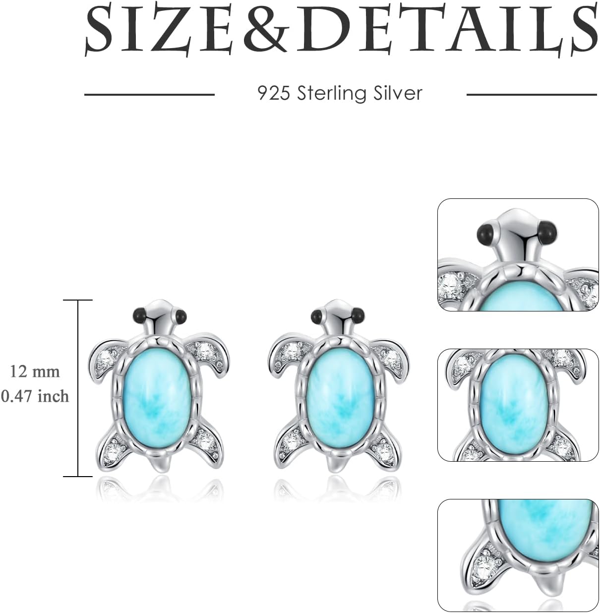 Larimar Turtle Stud Earrings 925 Sterling Silver Natural Larimar Jewelry for Women Blue Larimar Stones Earrings Jewelry for Women Teen Mother's Day - Image 5