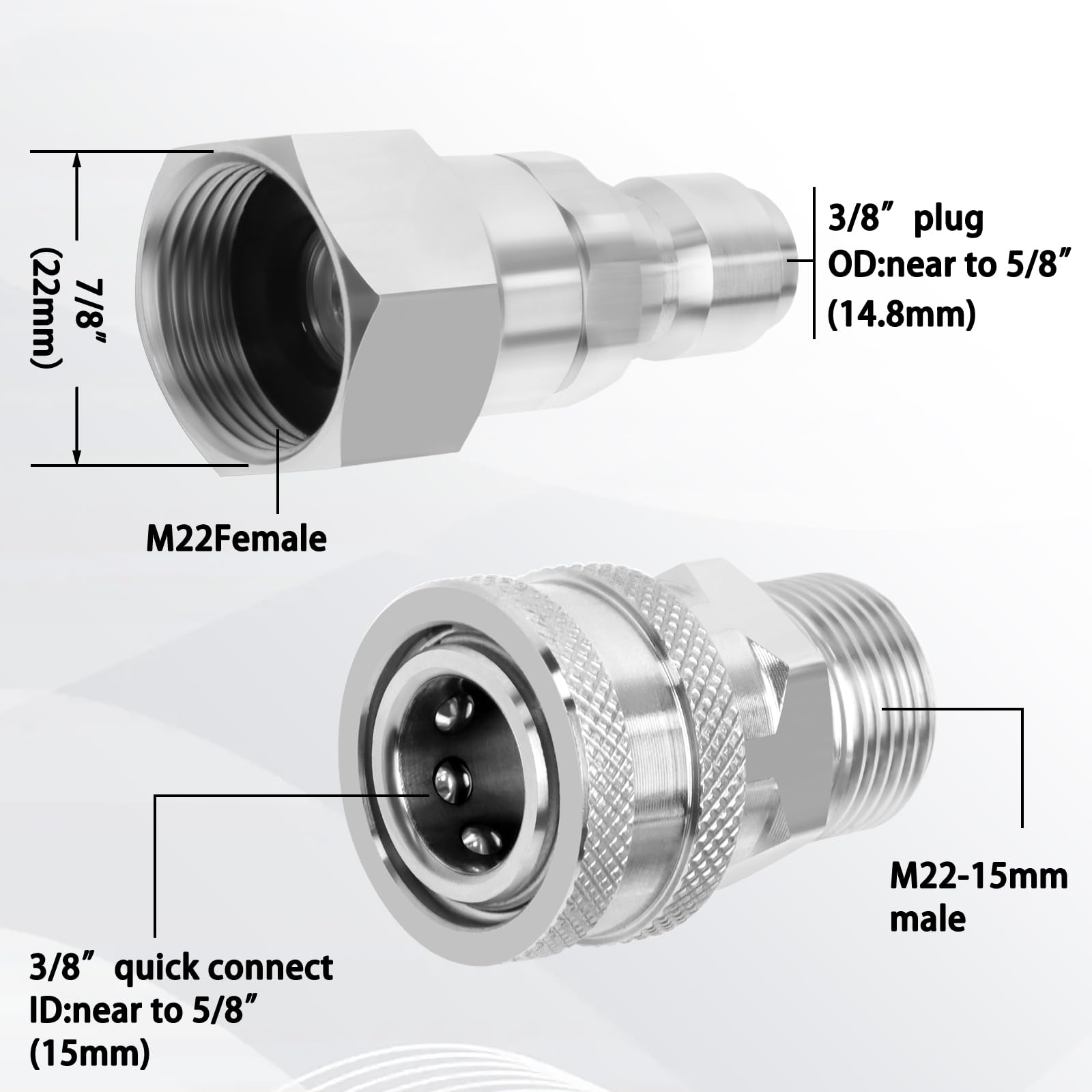 Kit de montaje giratorio antienredos de conexión rápida M22 a 3/8 pulgadas de conexión rápida y M22 macho de 15 mm a enchufe de conexión rápida de 3/8 pulgadas para manguera de lavadora a presión,