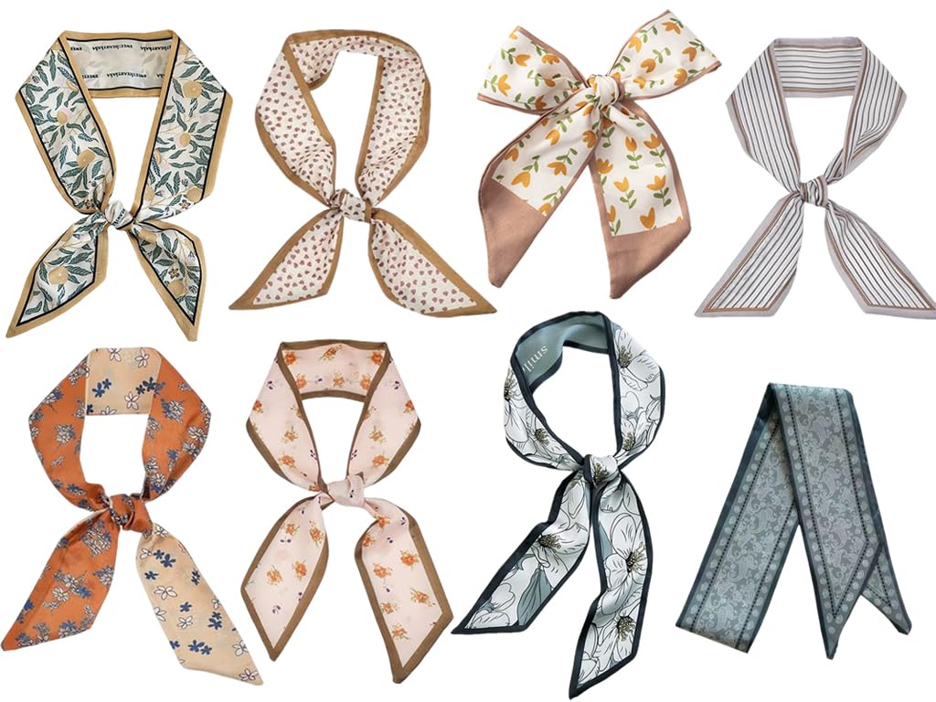 Foulard Capelli Donna in Raso Effetto Seta, 8 Pezzi Sciarpa Stretta Multiuso con Fantasie Floreali, Sciarpa a Nastro per Borsetta, Testa Collo Decorazione Copricapo Sciàrpa, per Borse, Capelli,