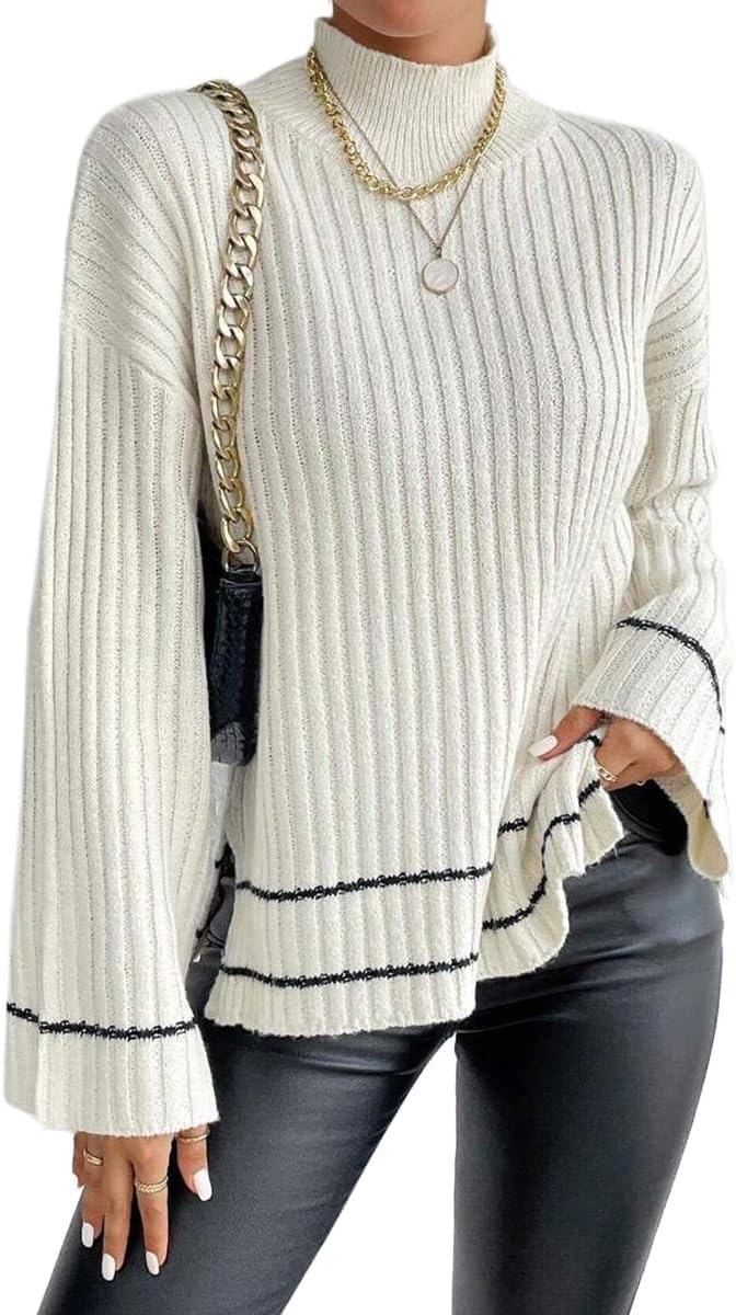 Knit Sweater for Women Striped Oversized Batwing Long Sleeve Drop Shoulder Pullover Trendy Sweaters for Dressy Casual