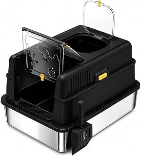 XXXL Stainless Steel Enclosed Cat Litter Box with Lid, Extra Large High Sided Metal Cat Box, Odor Control Covered Kitty Toilet with Scoop for Big Cats & Multi-Cat Homes (Black)
