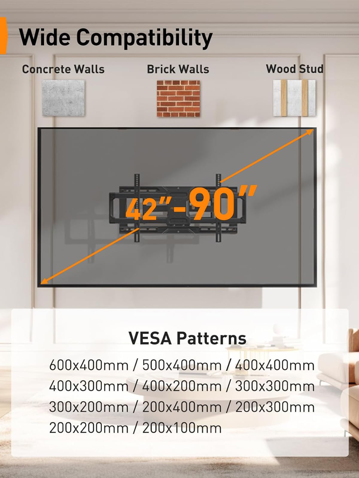 Perlegear vollbewegliche TV Wandhalterung für 42–90 Zoll Fernseher bis zu 68KG, vormontierte TV Halterung mit werkzeugfreier Neigung, Schwenkung, Verlängerung, Max VESA 600 x 400mm, PGLF16