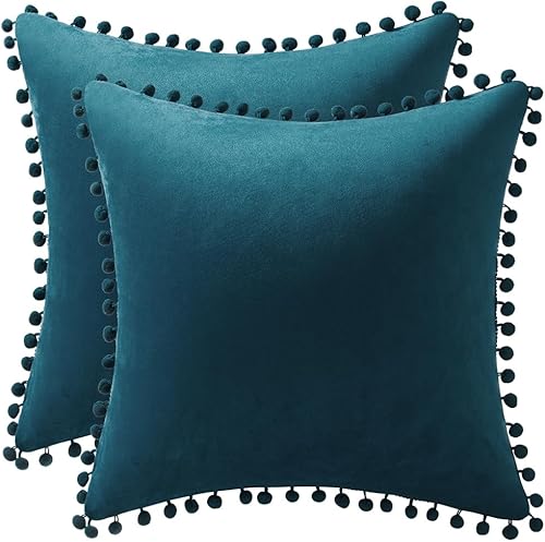 Fundas de almohada 22x22 Azul Verde Paquete de 2 fundas de almohada decorativas cuadradas de terciopelo suave con pompones para decoración del hogar