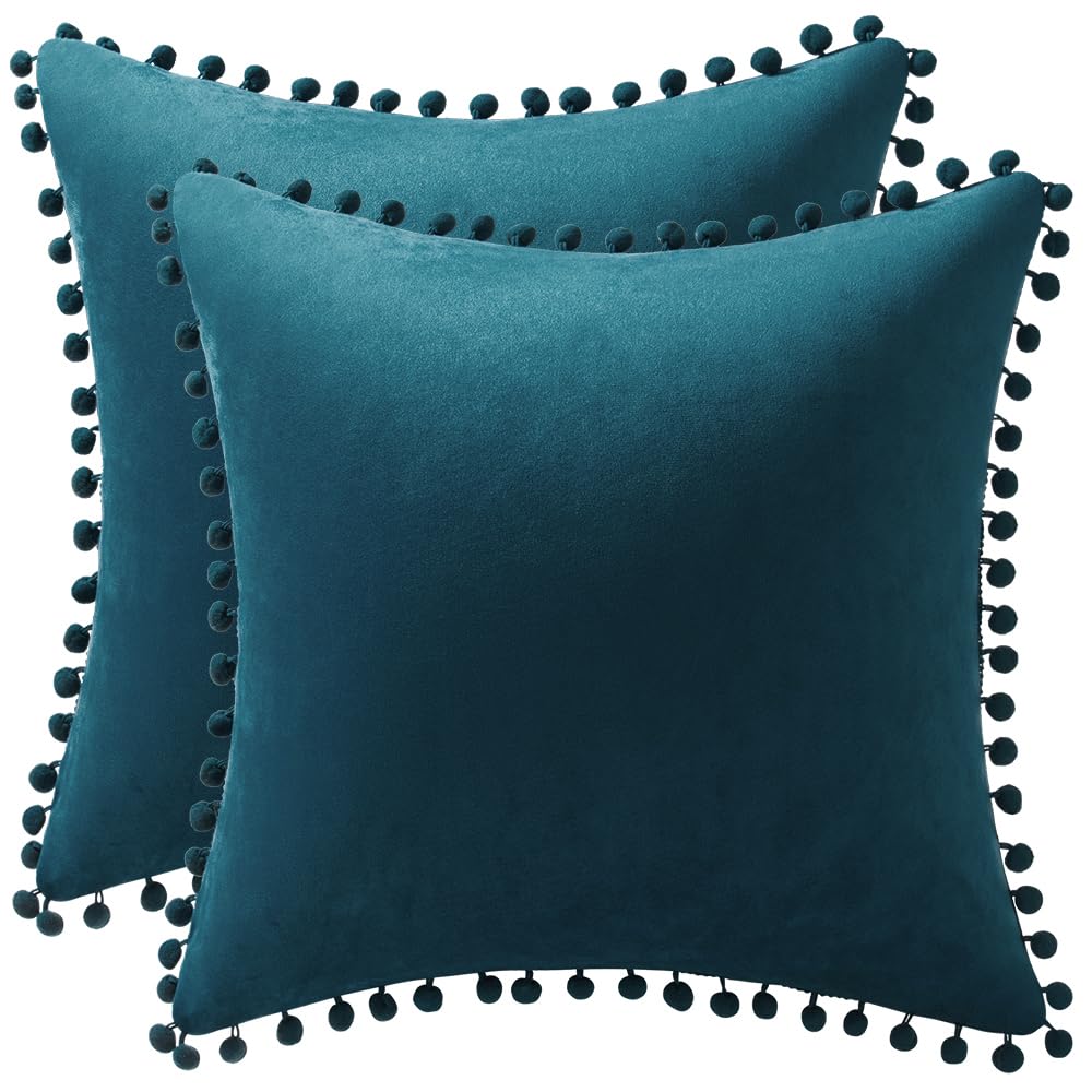 DEZENE Throw Pillow Cases 22x22 Teal: 2 Pack Cozy Soft Pom-poms Velvet Square Decorative Pillow Covers for Farmhouse Home Decor