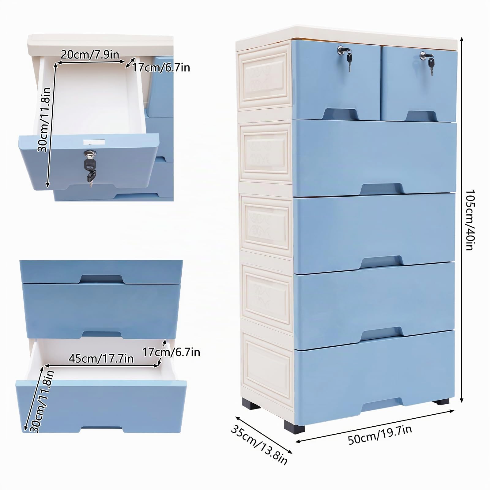 Cajonera de 6 cajones apilable vertical con ruedas y cerraduras, mueble de plástico para pasillo, entrada, muebles para el hogar (azul)