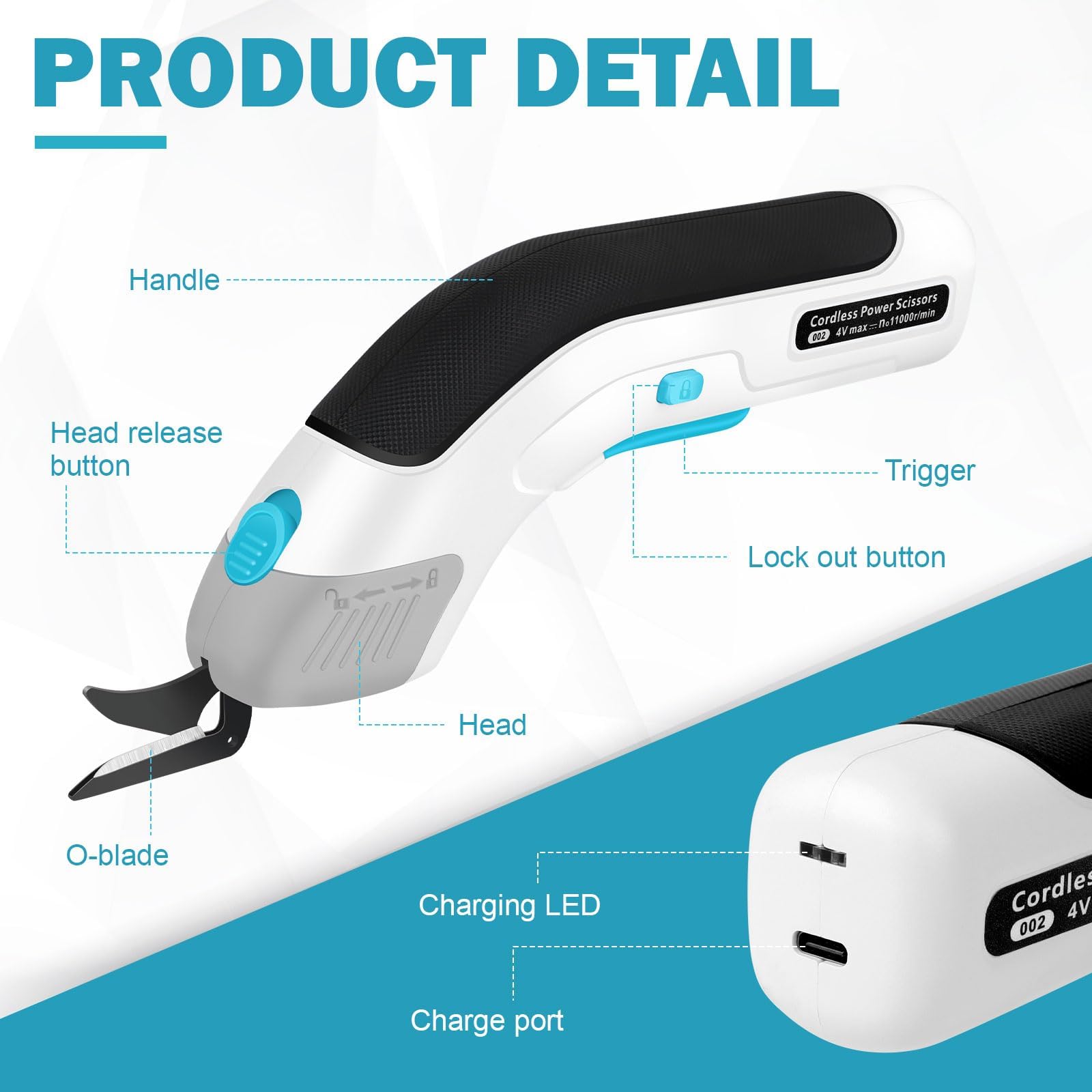 VOBOR Ciseaux Electrique Tissu Couture, Sans Fil USB Rechargeable, Têtes de Coupe en Acier Tungstène, 2000 Mah Lithium Batterie, Cutter pour Papier Carton Moquette Cuir Feutre