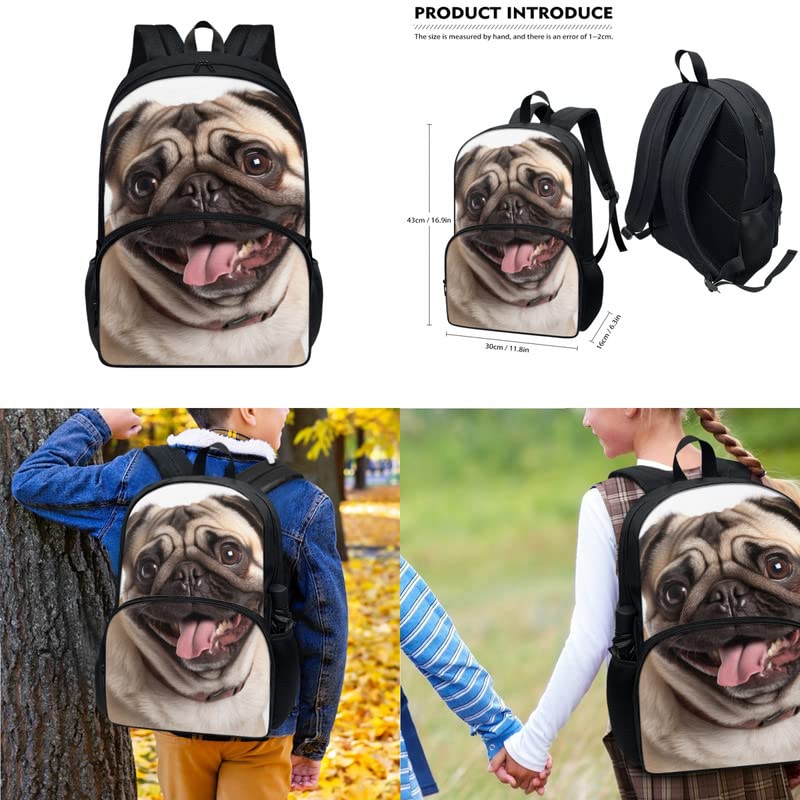 Pug Dog 17in School Backpack Set 3 Pieces Lightweight Teen Bookbags 3D Pattern Big Eyes Puppy Dog School Bag with Pencil Case & Lunch Pack Full Set Daypack4
