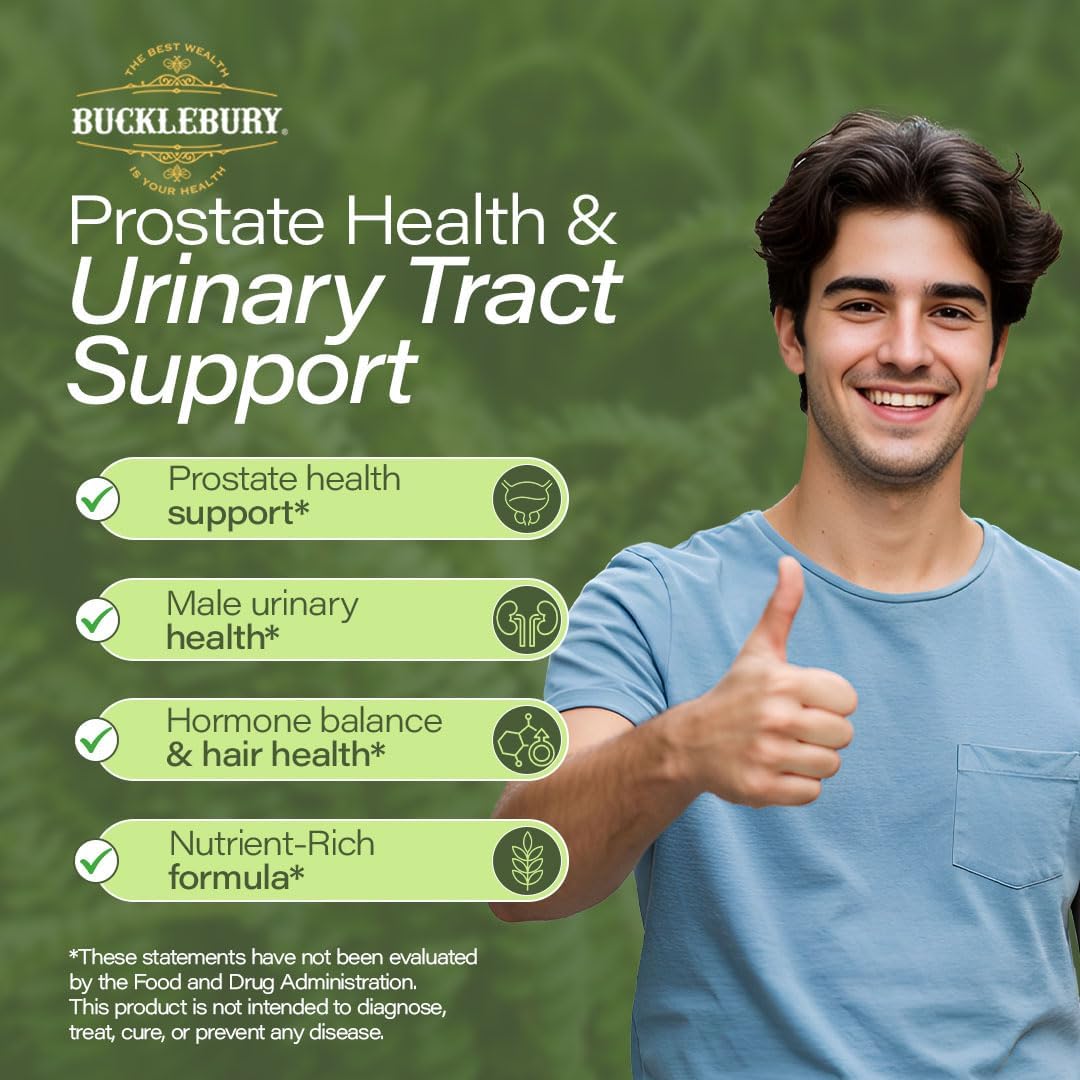 BUCKLEBURY 9-in-1 Natural Saw Palmetto Gummies with Raspberry & Pomegranate Flavor - Plant-Based Prostate Support Supplements for Mens Bladder Health, Hair Growth & Urinary Support - 60 Gummies