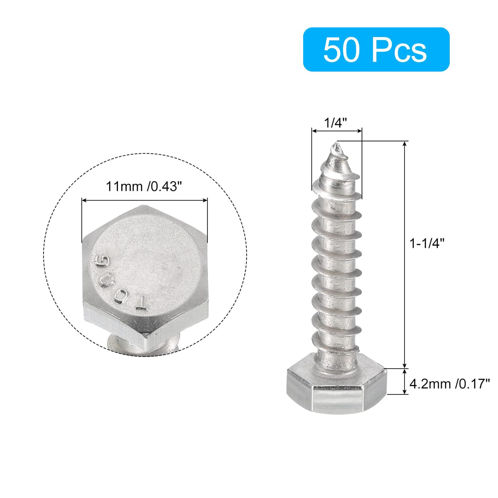 TA-VIGOR 50Pcs Coach Screws, 1/4" x 1-1/4" Hex Head Lag Bolts - Image 2